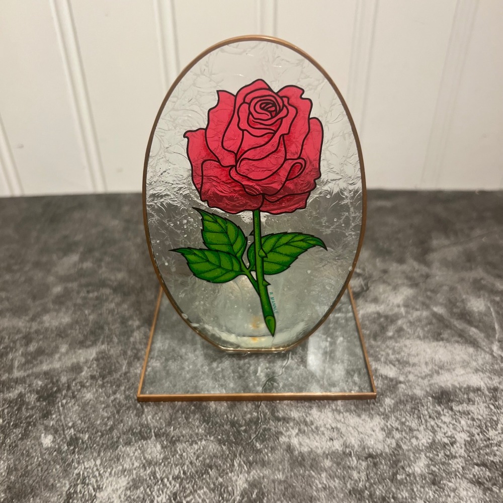 Vintage Stained Glass Oval Rose Votive Candle Holder | Cottage
